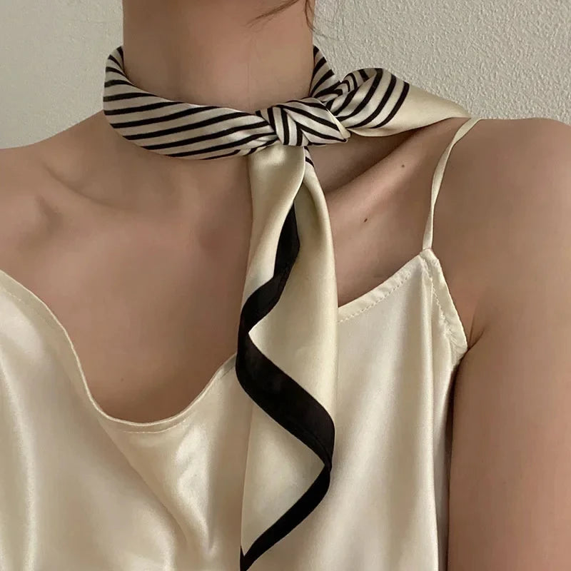 Women Silk Black and White Stripes Square Scarf Luxury Brand Female Beach Stoles Square Scarf Versatile for Spring Sum Qme