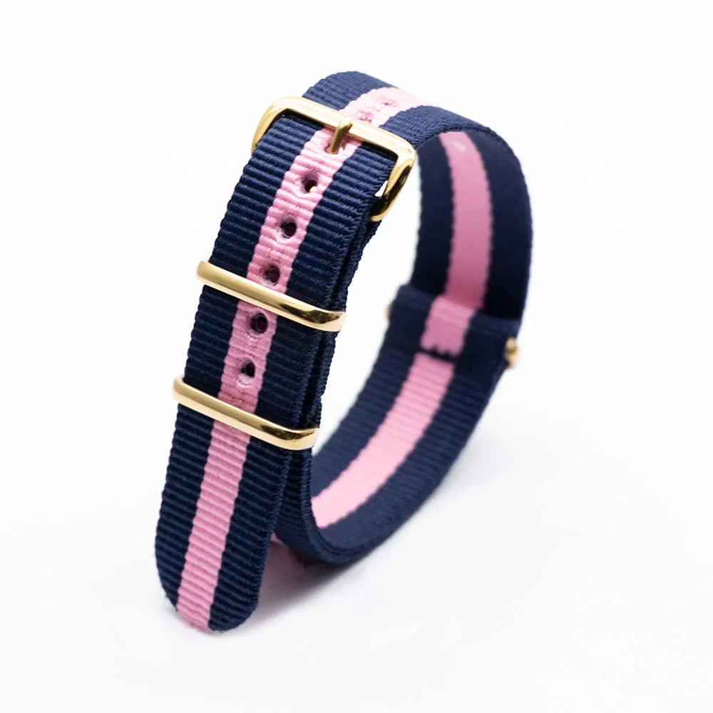High Quality Luxury Striped Nylon Smart Watch Strap 18MM 20MM 22MM Gold Square Buckle Wear-resistant Woven Strap Qme 2Blue1Pink 18mm