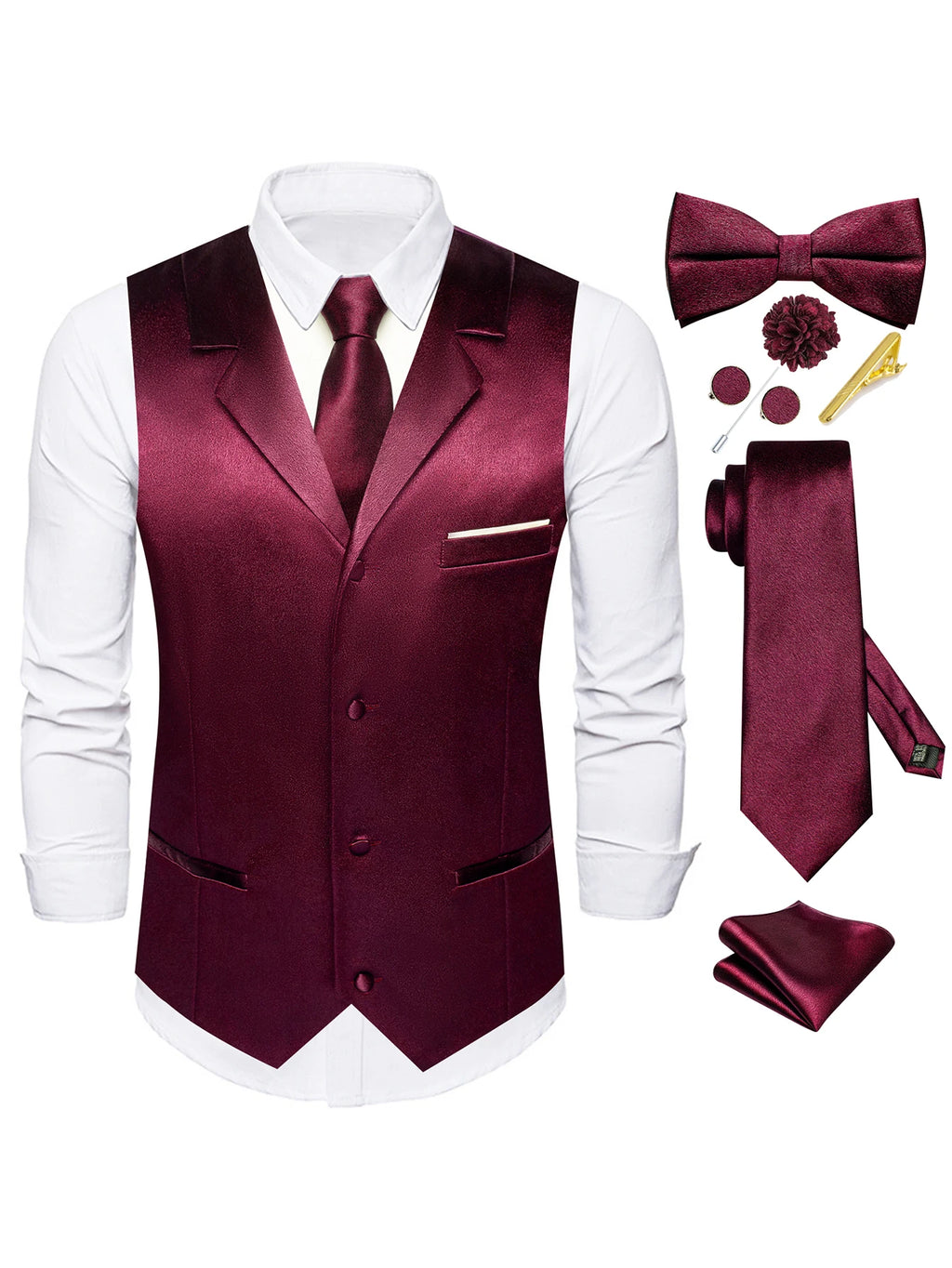 Men's Satin Vest Tie Hanky Cufflinks Bowtie Clip Formal Waistcoat Qme