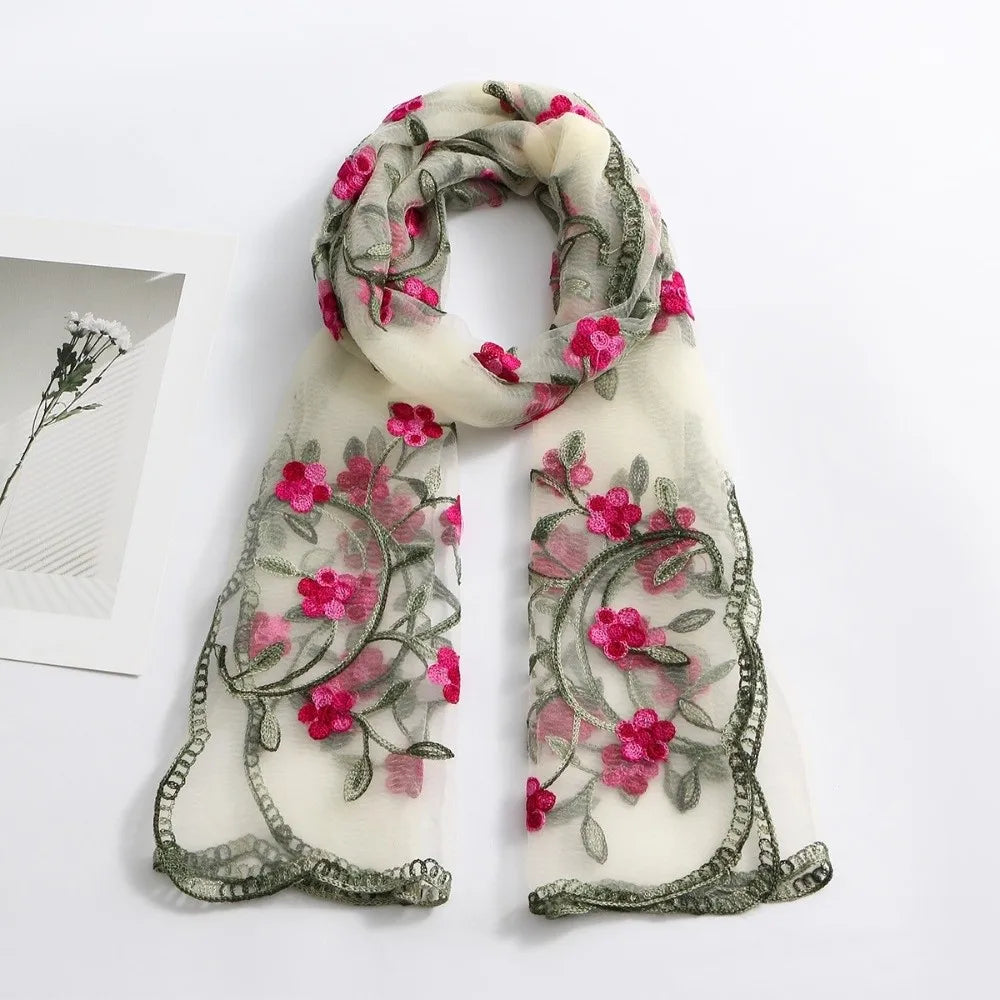 Ethnic Style Embroidered Floral Headwrap Breathable Lightweight Boho Sheer Shawl Skin-Friendly Soft Summer Hijab Qme Beige