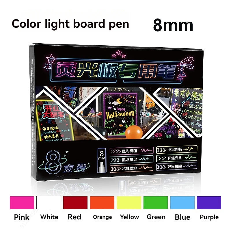 8pcs/set LED Highlighter Fluorescent Marker Pens Erasable Chalk 7/8/10mm Stationery For LED Writing Board Painting Graffit Qme color 8mm