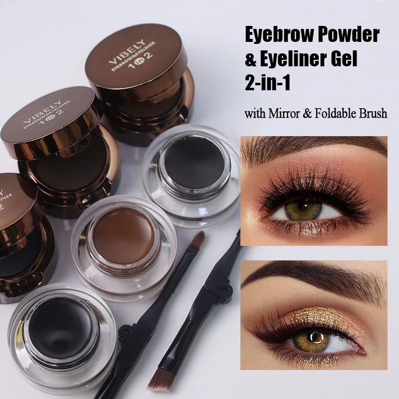 2 in 1 Eyebrow Powder & Eyeliner Gel High Pigment Silky Smooth Waterproof Long Lasting Dual-Ended Brush with Mirror Makeup Qme