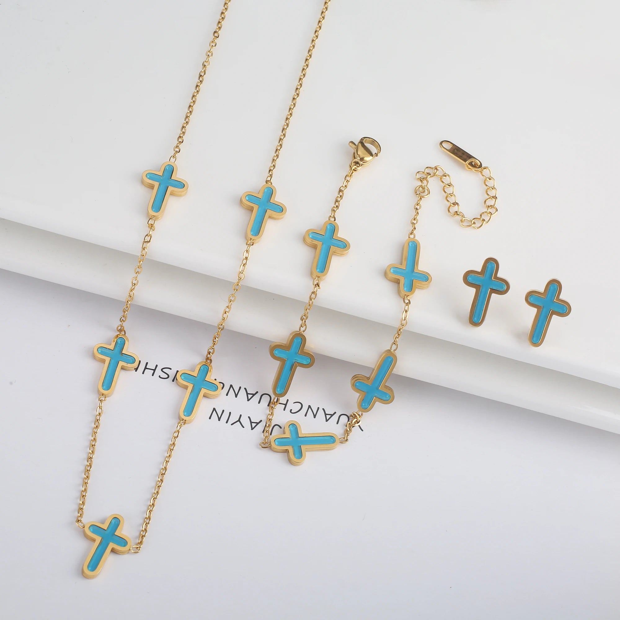 INS Hot Sale Charms Stainless Steel Shell Cross Necklace Jewelry Set Bracelet Earrings Luxury for Party Daily Wear Jewelry Gift Qme Set 4