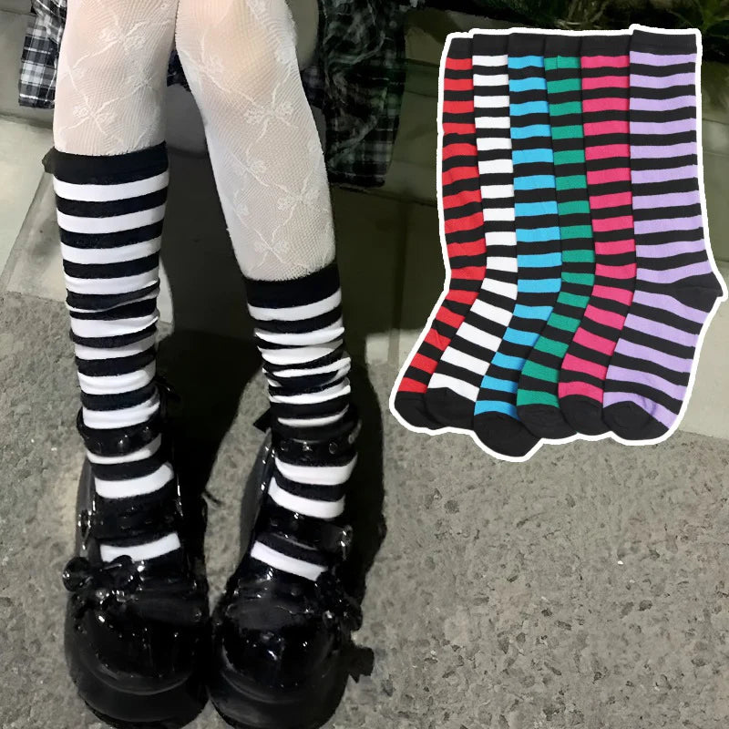 Women Black White Stripe Knee Socks Sweet Lolita Harajuku Stocking Qme