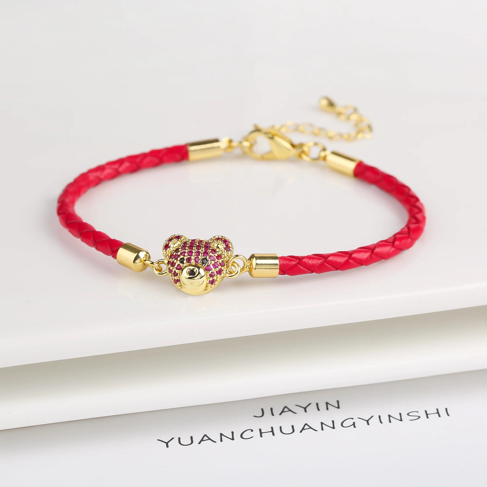 New 6 Colors Fashion Cute Animal Bear Zirconia Leather Rope Braided Adjustable Bracelet Classic for Man Woman Party Jewelry Gift Qme Red