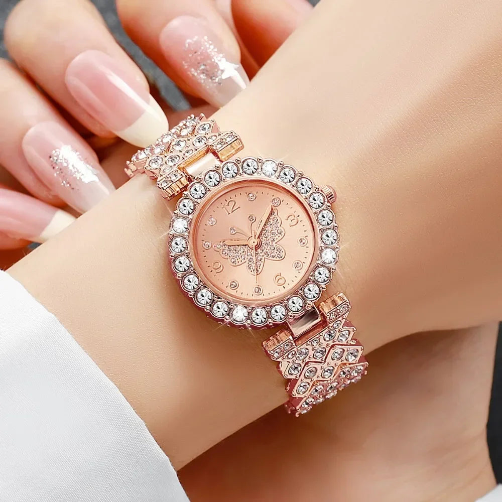 5PCS Luxury Rhinestone Butterfly Dial Women's Quartz Watch Elegant Ladies Bracelet Wristwatch Jewelry Set Qme