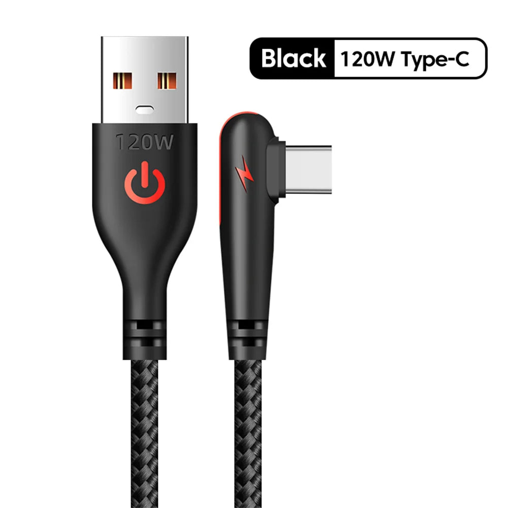 120W 6A 90 Degree USB Type C Cable Super Fast Charging Braided Data USB C Cable for Samsung Xiaomi Cell Phone USB Charger Cable Qme Black 1m