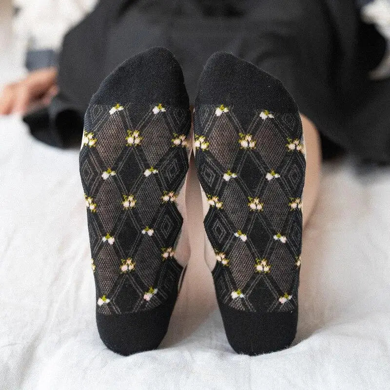 Women Fashion Summer Glass Stockings Thin Small Floral Card Silk Qme
