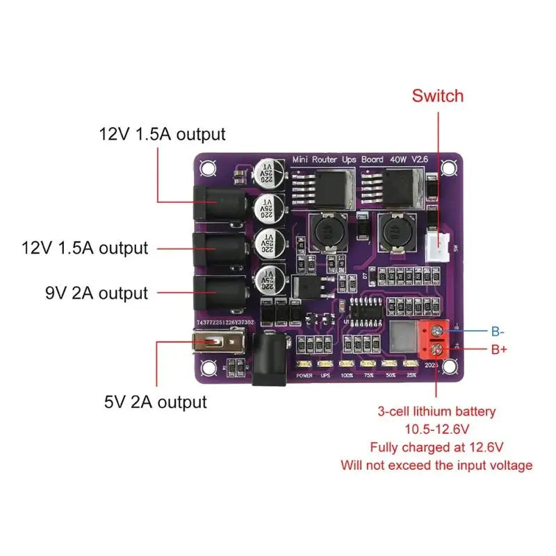Mini Router UPS Board 40W Battery Charging 5V 9V 12V Output Qme