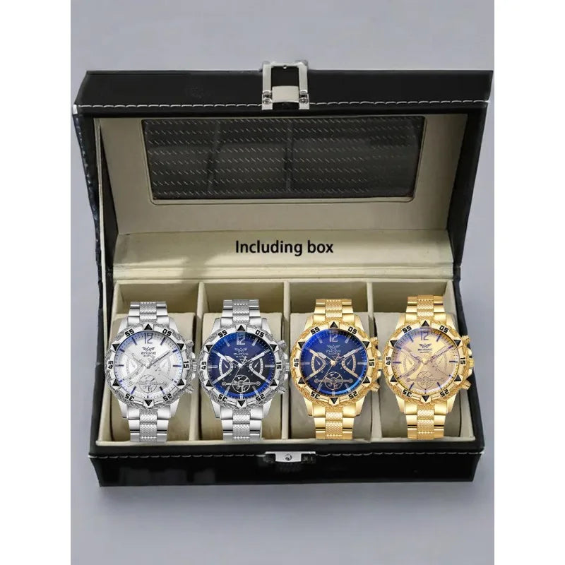 Advanced men's business watch multifunctional three eye dial watch gift set Qme 4pcs 1