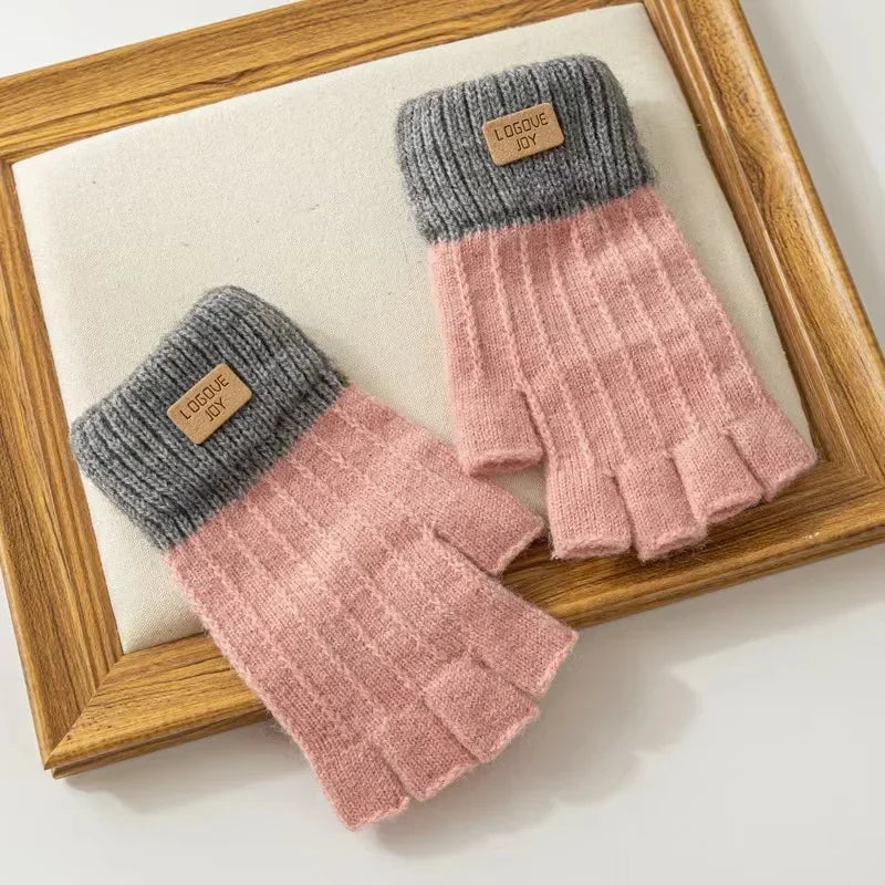 2024 Men Winter Fingerless Half Finger Knitted Gloves Office Warm Qme pink