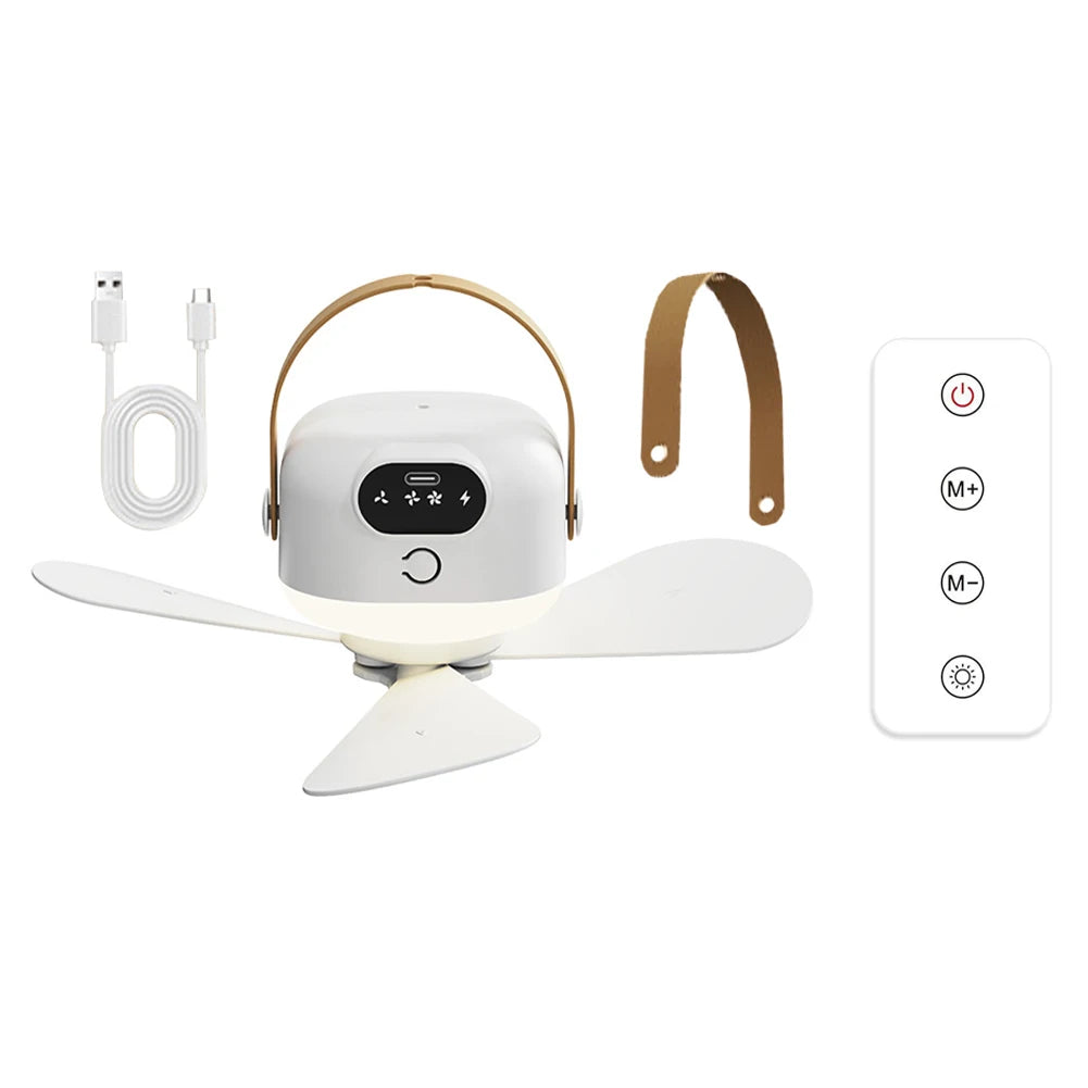 Portable Ceiling Fan Camping Tent Ceiling Canopy Fan Rechargeable Fan Air Circulators With Remote Control USB Charging Light Qme