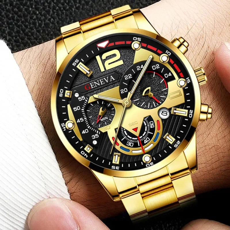 GENEVA Men's Creative Six-Pin Watch Alloy Steel Band Quartz Watch Men Watch New Luxury Men's Quartz WristWatch Qme
