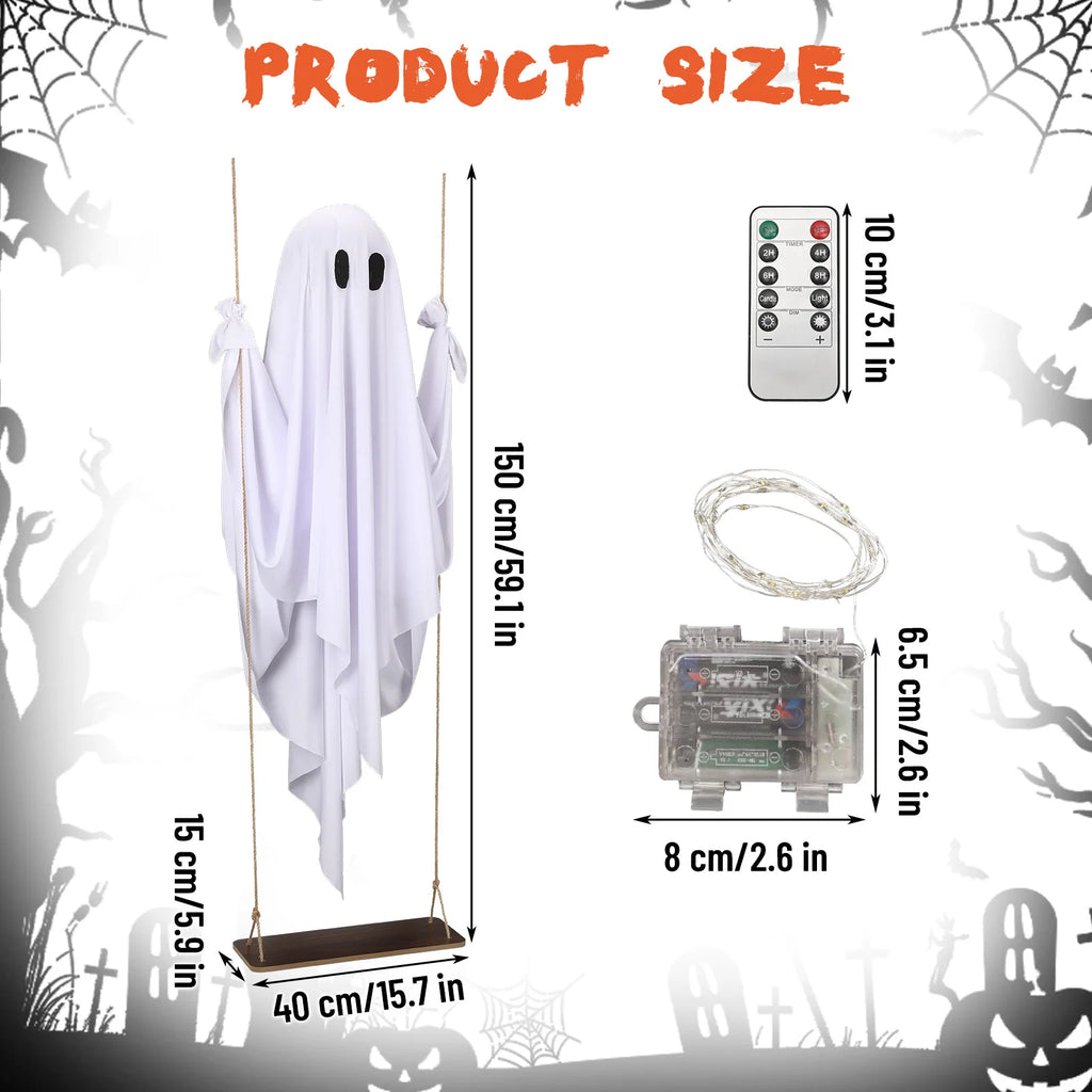 Decorations Outdoor Halloween Scary Ghost 5FT Large Hanging Ghost Swing with Remote Control String Lights Cosplay Party Decor Qme