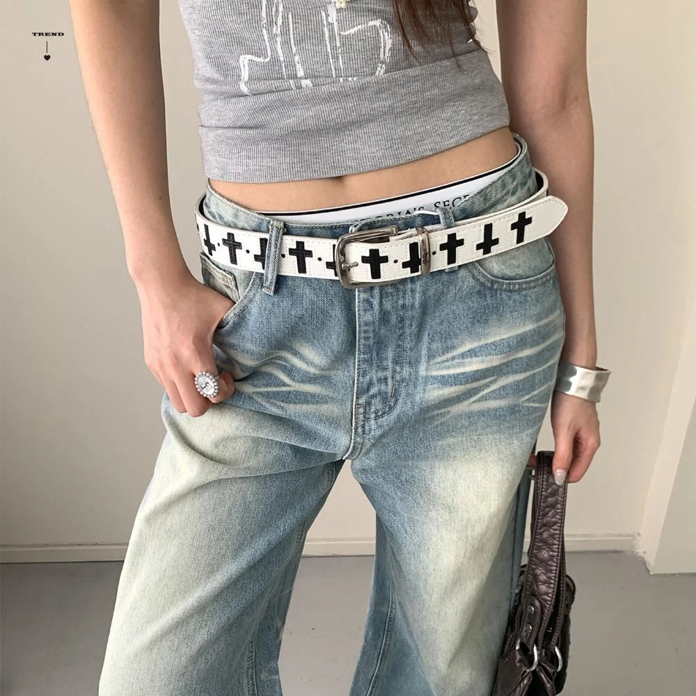 Fashion PU Leather Cross Shaped Belt Spicy Girl Metal Punk Hip Hop Qme