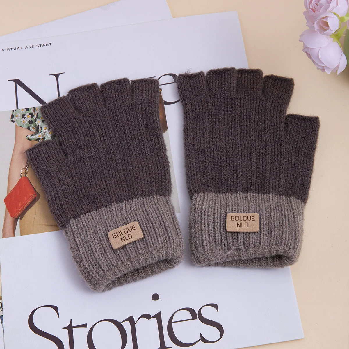 2024 Men Winter Fingerless Half Finger Knitted Gloves Office Warm Qme Brown
