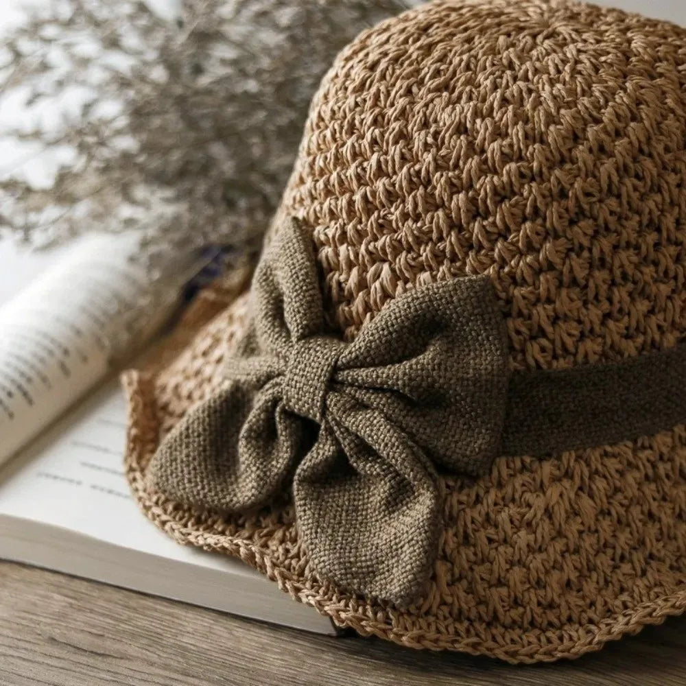 Vintage Wide Brim Beach Straw Hat Bowknot Breathable Sunshade Bucket Qme