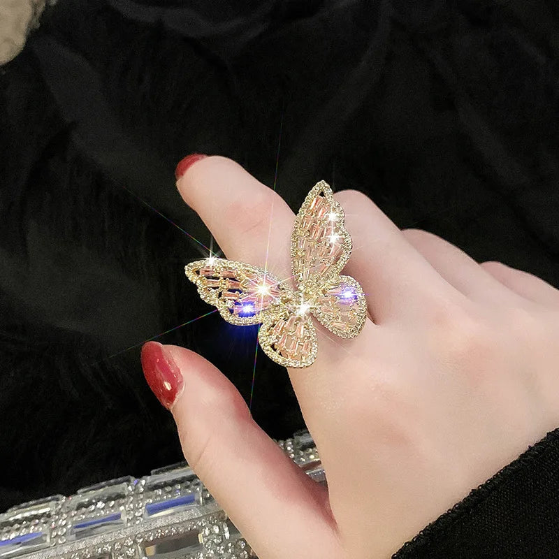 Luxury Sliver Color Zircon Multi Butterfly Open Ring for Women Exaggerated Personality Adjustable Finger Ring Cocktail Jewelry Qme