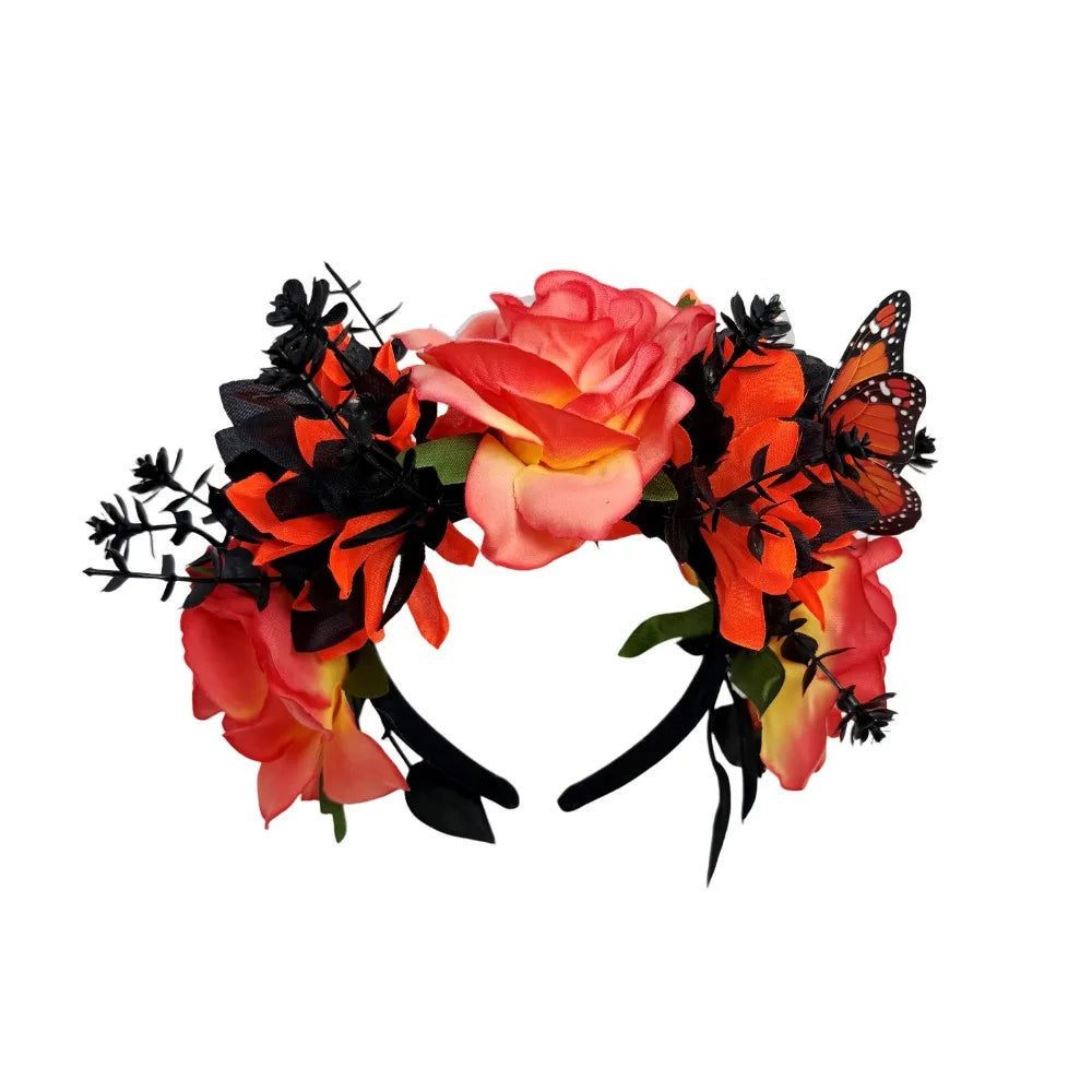 Gothic Halloween Rose Flower Crown with Butterfly Realistic Artificial Flower Headband Simulated Vintage Qme Style B