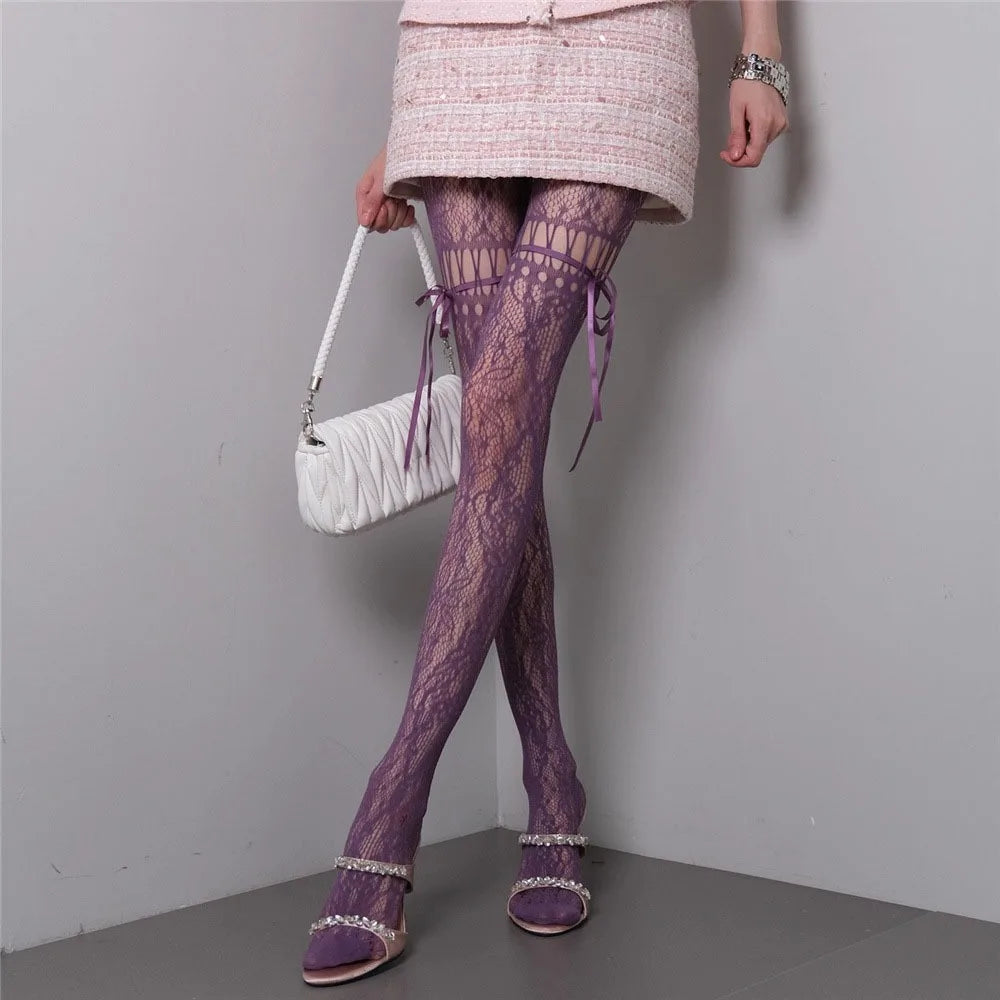 Waist Mesh Lace-up Pantyhose Smooth High-density Shaping Silk Qme Purple One Size