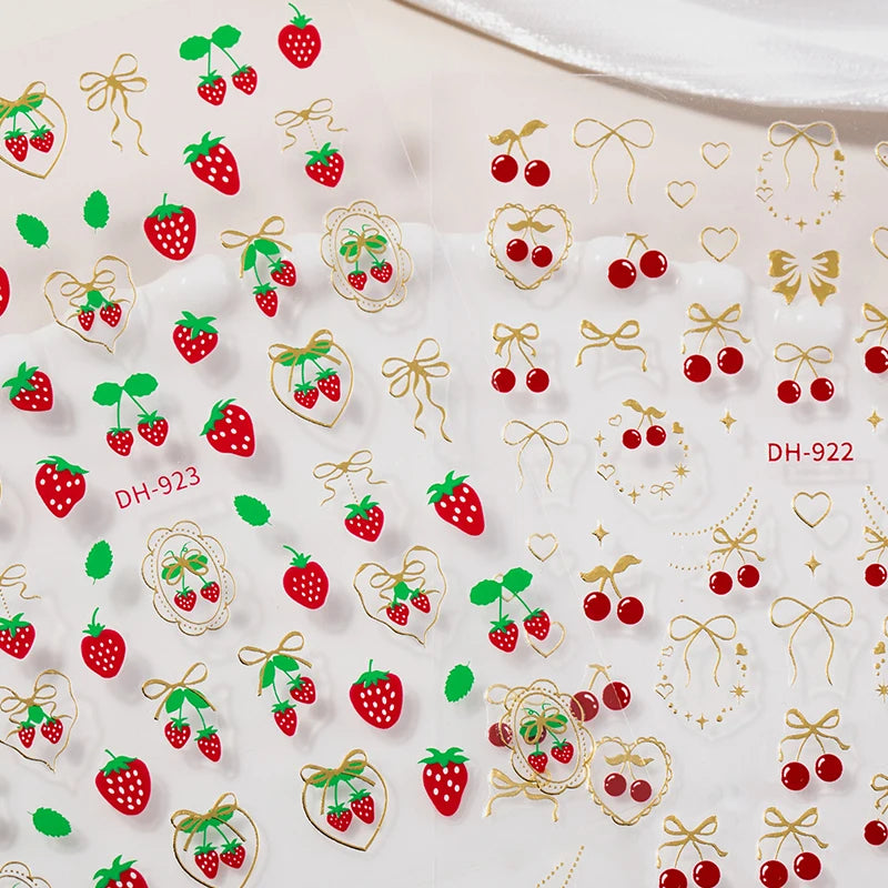 Fresh Sweet Fruits Strawberry Cherry Bowknot Love Heart Bow 5D Nail Qme