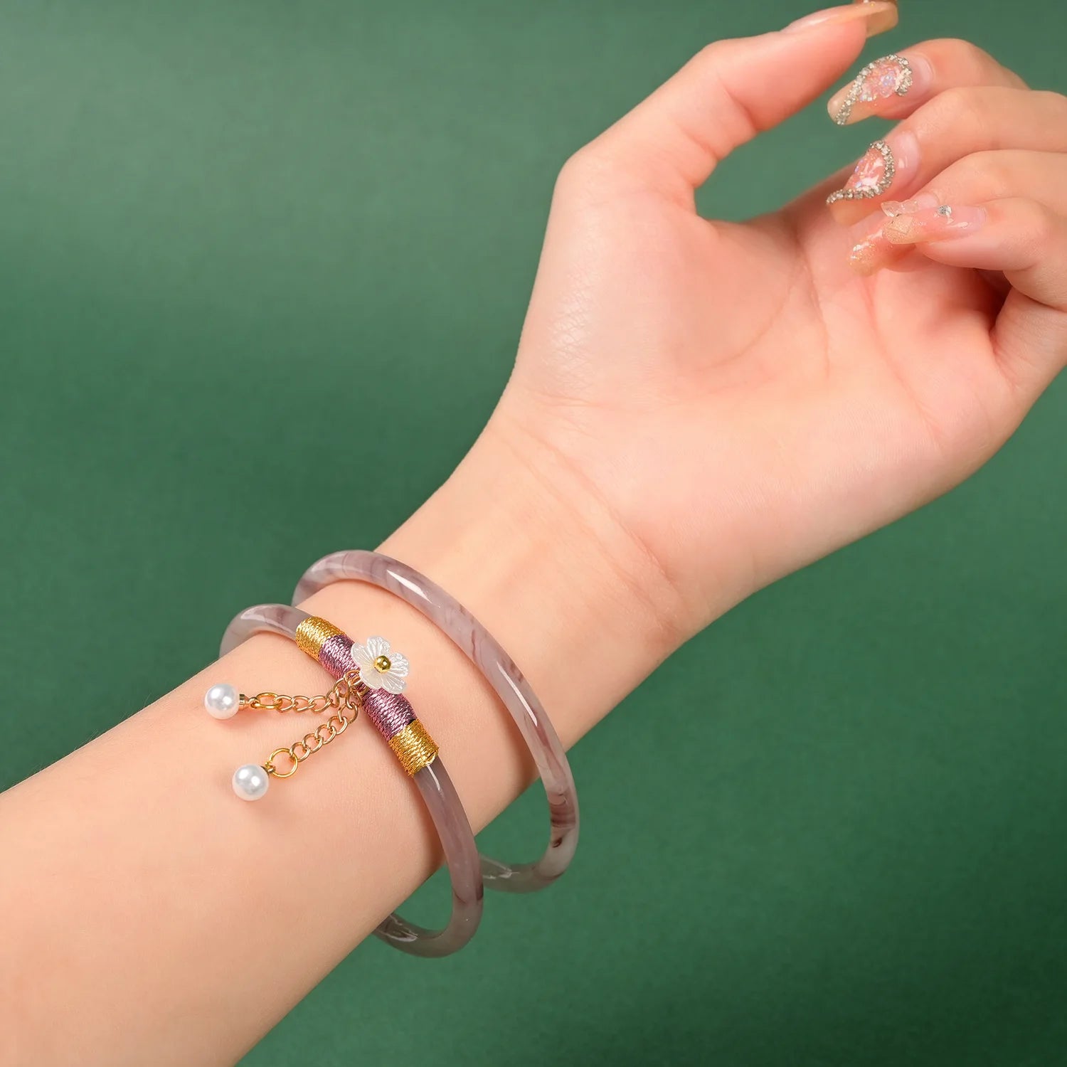 2Pcs/Set Natural Jade Jingle Bangles Retro Simple Fairy Flower Glass Bracelet Femme Fashion Women's Casual China Jewelry Gifts Qme