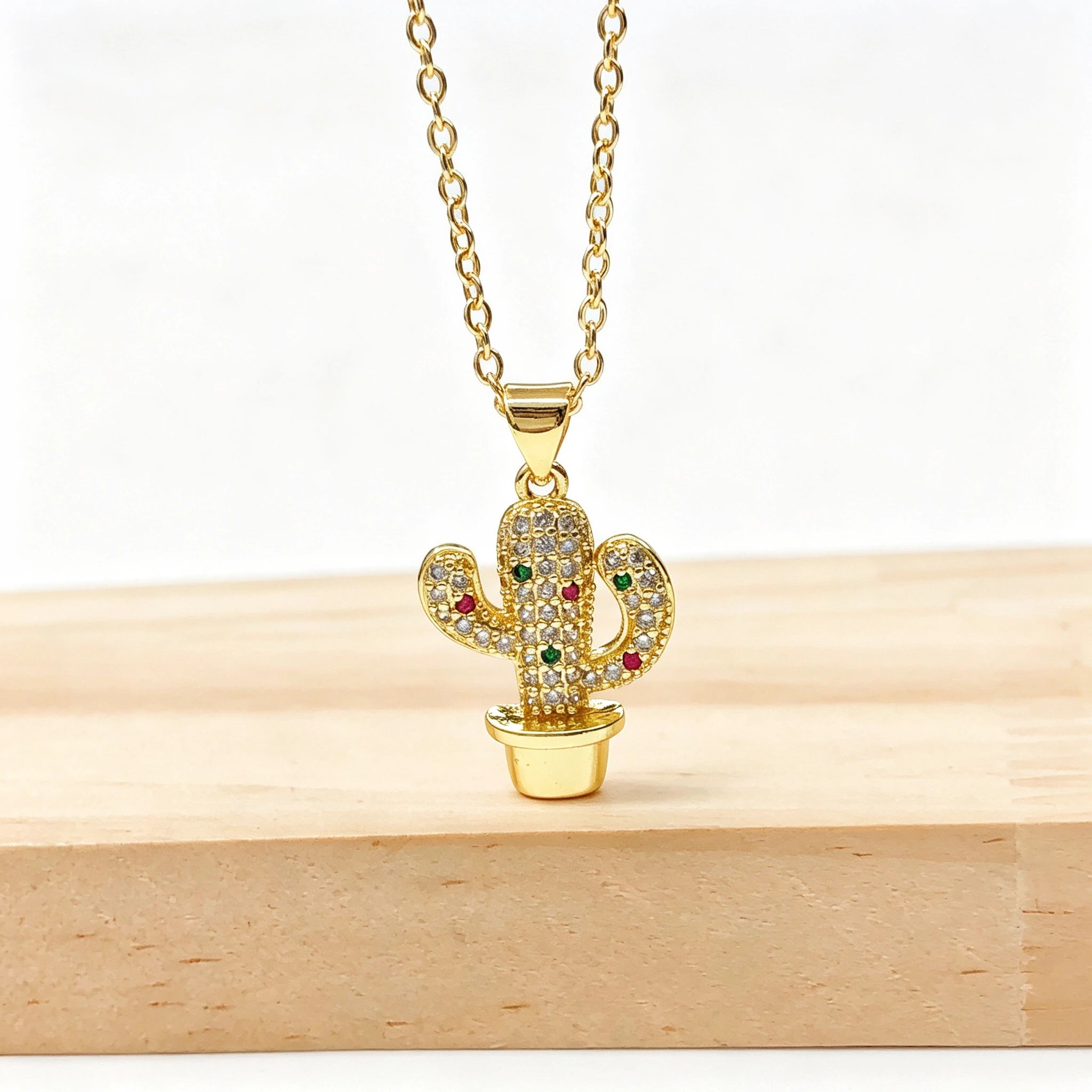 Gold Plated Multicolor Zircon Enamel Art Cactus Pendant Necklace Bohemian Floral Jewelry For Women Casual Vacations Gift New Qme 8