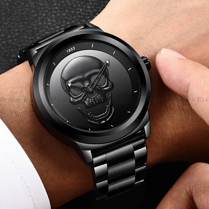 Men's Quartz Watch, Black and Gold Dial, 3D Skull Head Pattern, Stainless Steel, Steampunk Rock Engraved, Men's Watch Qme