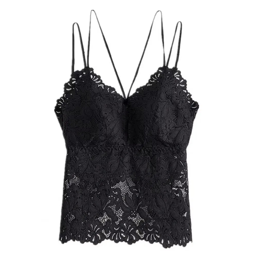 Breathable V-neck Lace Sheer Camisole Mesh Flower Beauty Back Sweet Crop Top Sleeveless Thin Lace Sling Vest Underwear Qme Black-Normal One Size