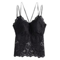 Breathable V-neck Lace Sheer Camisole Mesh Flower Beauty Back Sweet Crop Top Sleeveless Thin Lace Sling Vest Underwear Qme Black-Normal One Size
