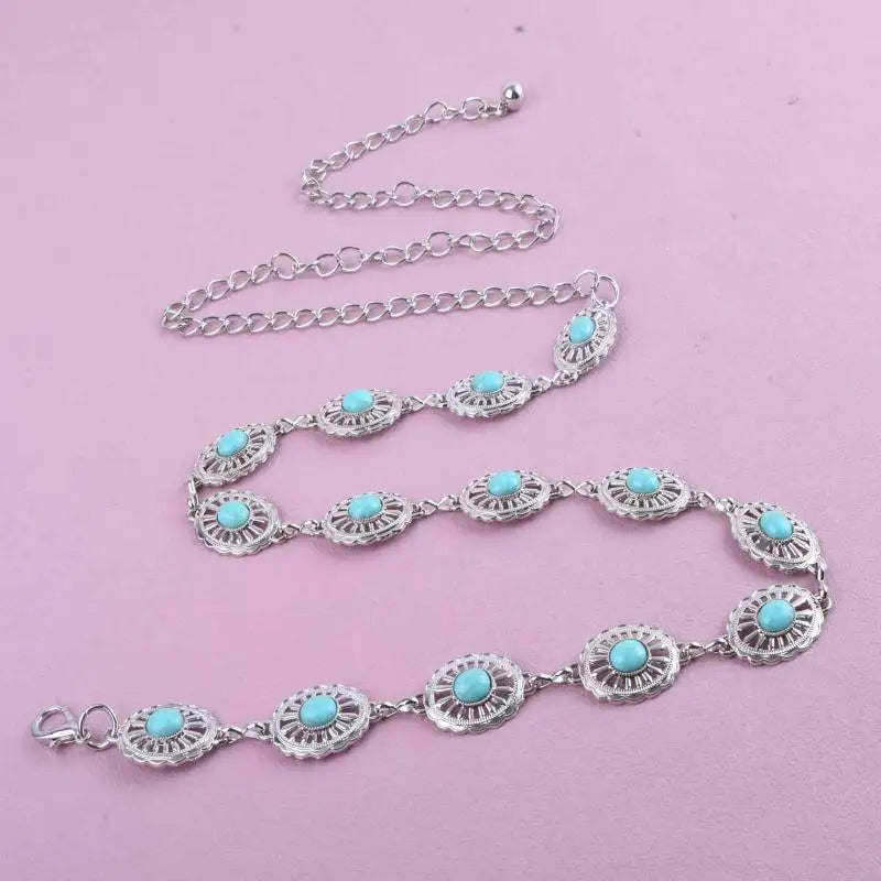 Fashion Bohemian Female Circular Waist Chain Luxury Turquoise Ellipse Chain Belt For Women Suitable For Skirts Dress Qme