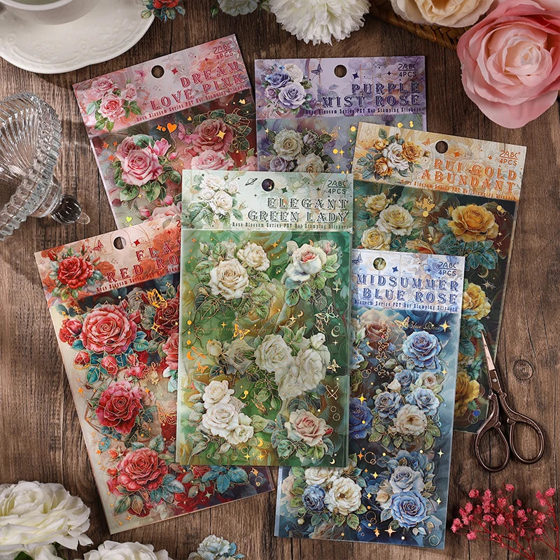 4pcs/pack Large size Aesthetic Flowers PET Stickers Shell Light DIY Scrapbooking Decor Stationery Collage Junk Journal Supplies Qme