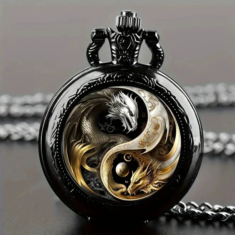Retro Golden And Silvery Double Dragon Quartz Pocket Watch Qme Silver