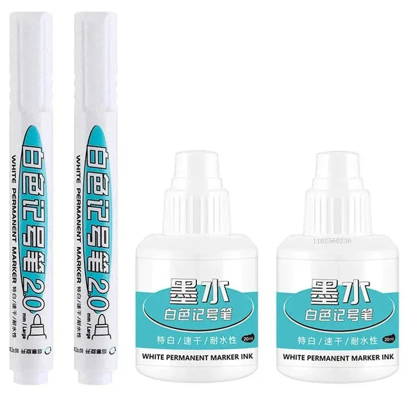 1/10/20Pcs White Permanent Paint Marker Pens 0.7/1.0/2.5mm Tip Waterproof for Glass Stone Metal Plastic Leather DIY Art Craft Qme 2 pen 1 ink set A
