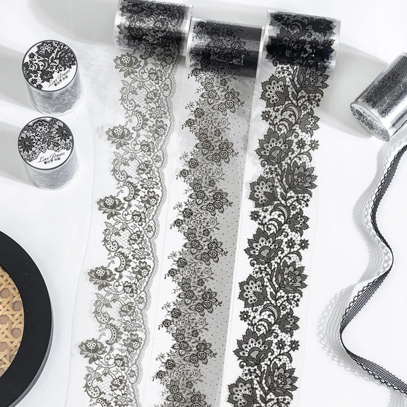 55mm*2m Black White Lace PET Tapes DIY Scrapbooking Junk Journal Aesthetics Decor Diary Collage Masking Tape Stationery Supplies Qme