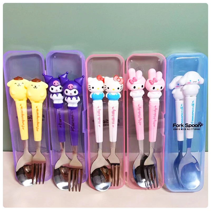 Hello Kitty Cartoon Children's Tableware Spoon Portable Two-Piece Set for Students Stainless Steel Fork and Spoon Set Qme