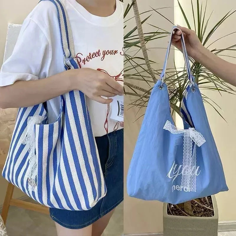 Stripe Hobo Bag Women Lace Bow Decor Canvas Tote Reversible Shoulder Qme Blue one size