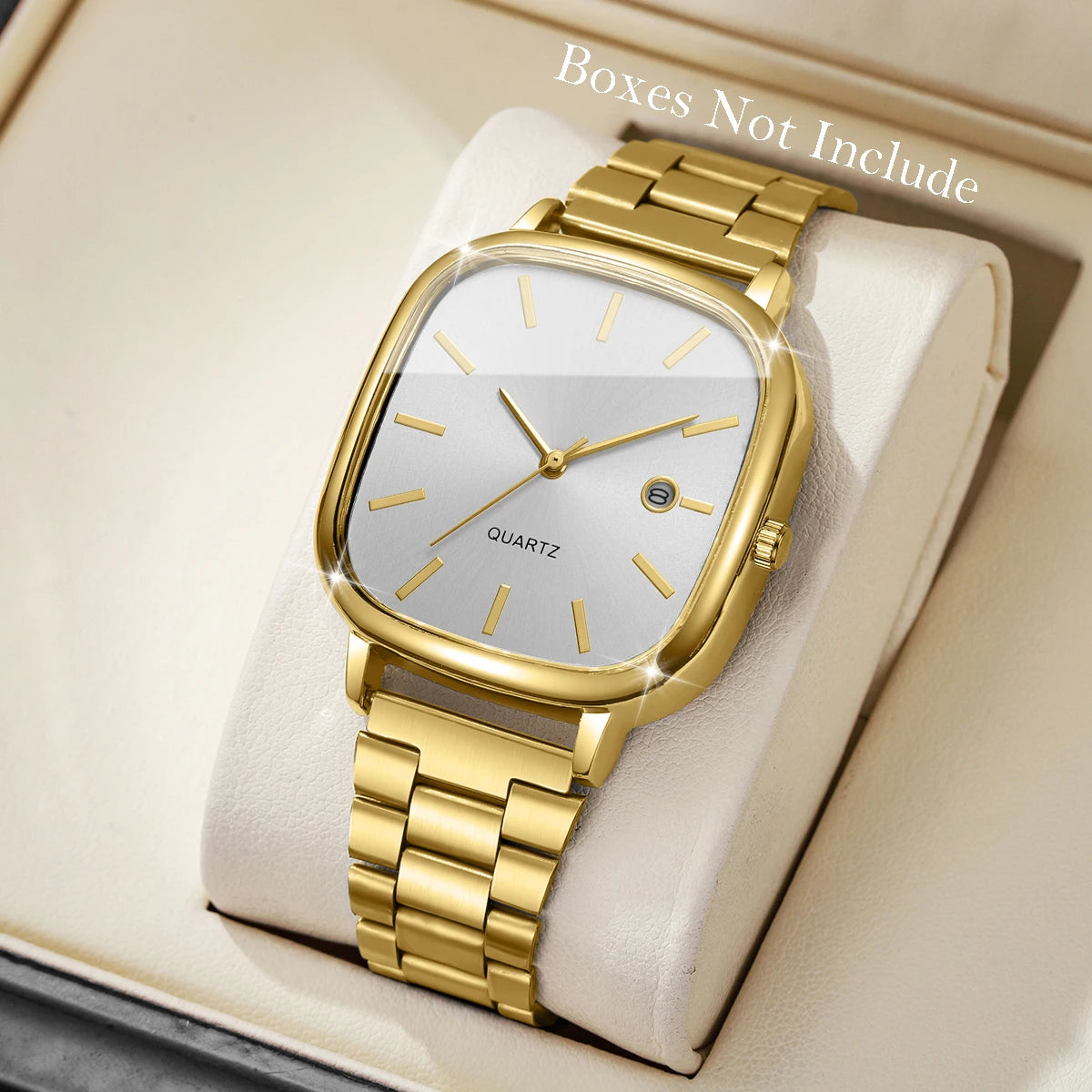 Steel strap watch, retro silver square watch, calendar, high-end feel, men's and women's commuting watch Qme Gold White No Box