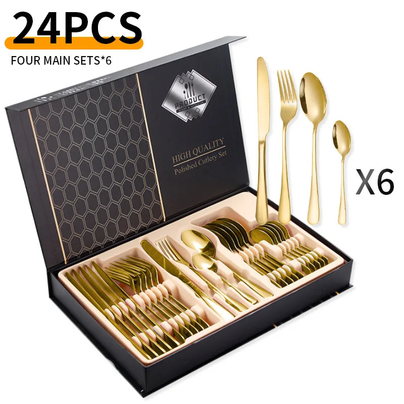 24-Piece Stainless Steel Tableware Set,Western Cutlery Steak Knife Fork Spoon, Gift Box Set for Home Restaurant Wedding Gift Qme B-24PcsGold Gift