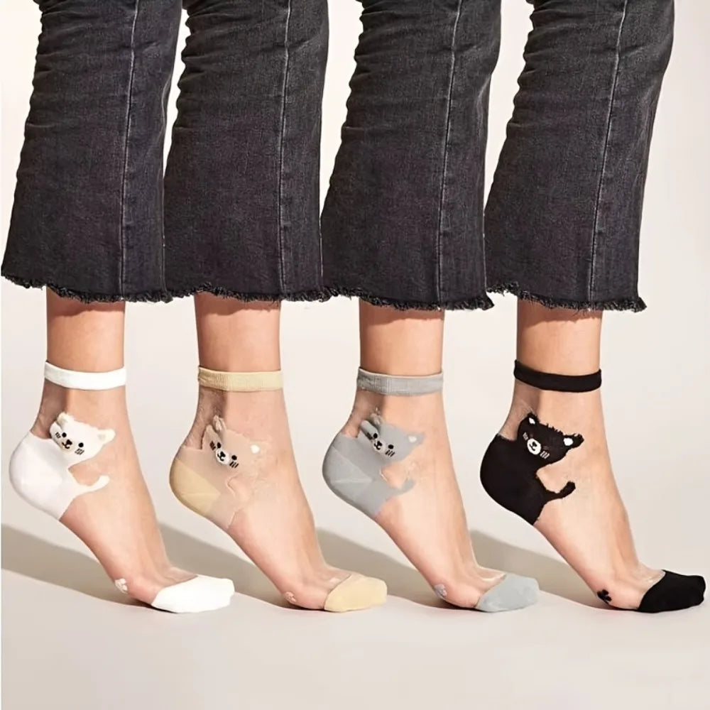 Women's Cute Bear Pattern Sheer Socks, Transparent Crystal Silk Ankle Socks For Summer, Casual & Daily Wear Qme