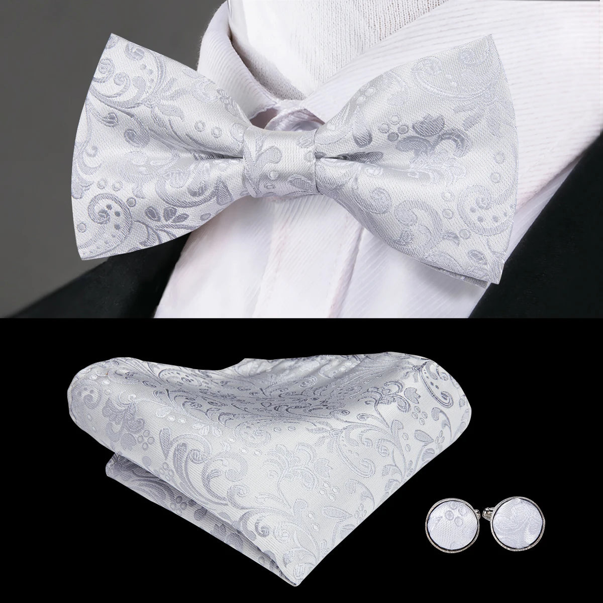 Hi-Tie Classic Bow Ties for Men Silk Butterfly Pre-Tied Male Bowtie Pocket Square Cufflinks Set Jacquard Paisley Floral Wedding Qme LH-791