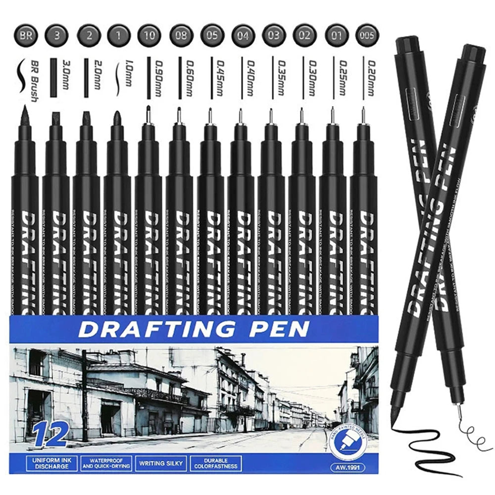 12Pcs Art Manga Outlining Pen Pigment Liner Micron Pen Black Marker for Artist Illustration,Sketching,Anime Technical Drawing Qme 12 Pcs