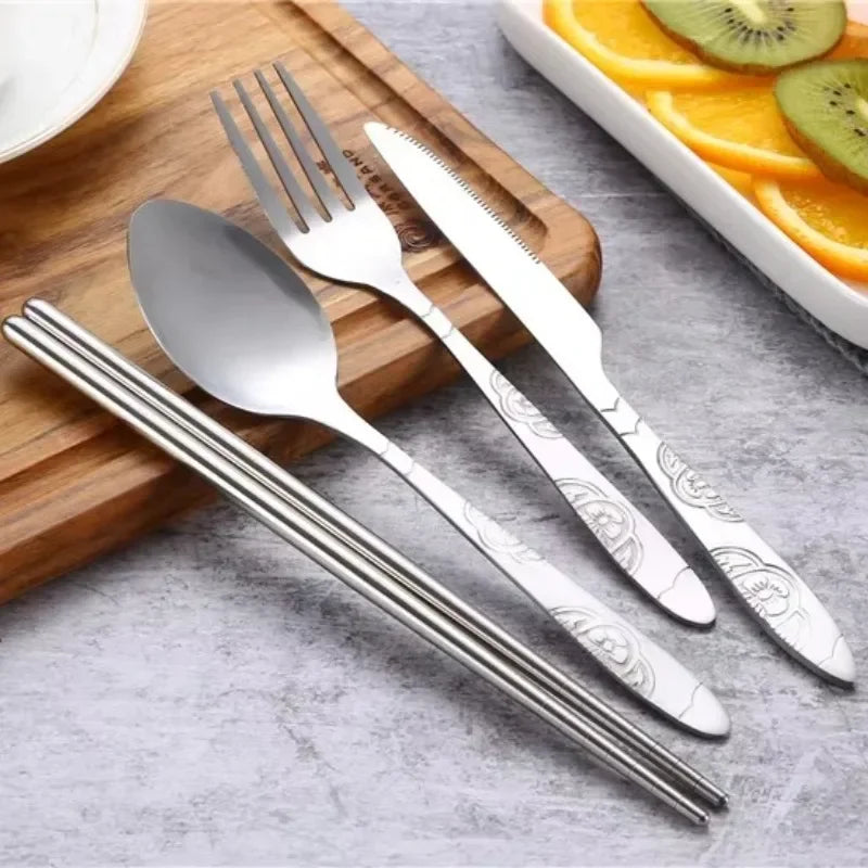 Portable Stainless Steel Cutlery Bag Spoon Fork Knife Chopsticks Qme