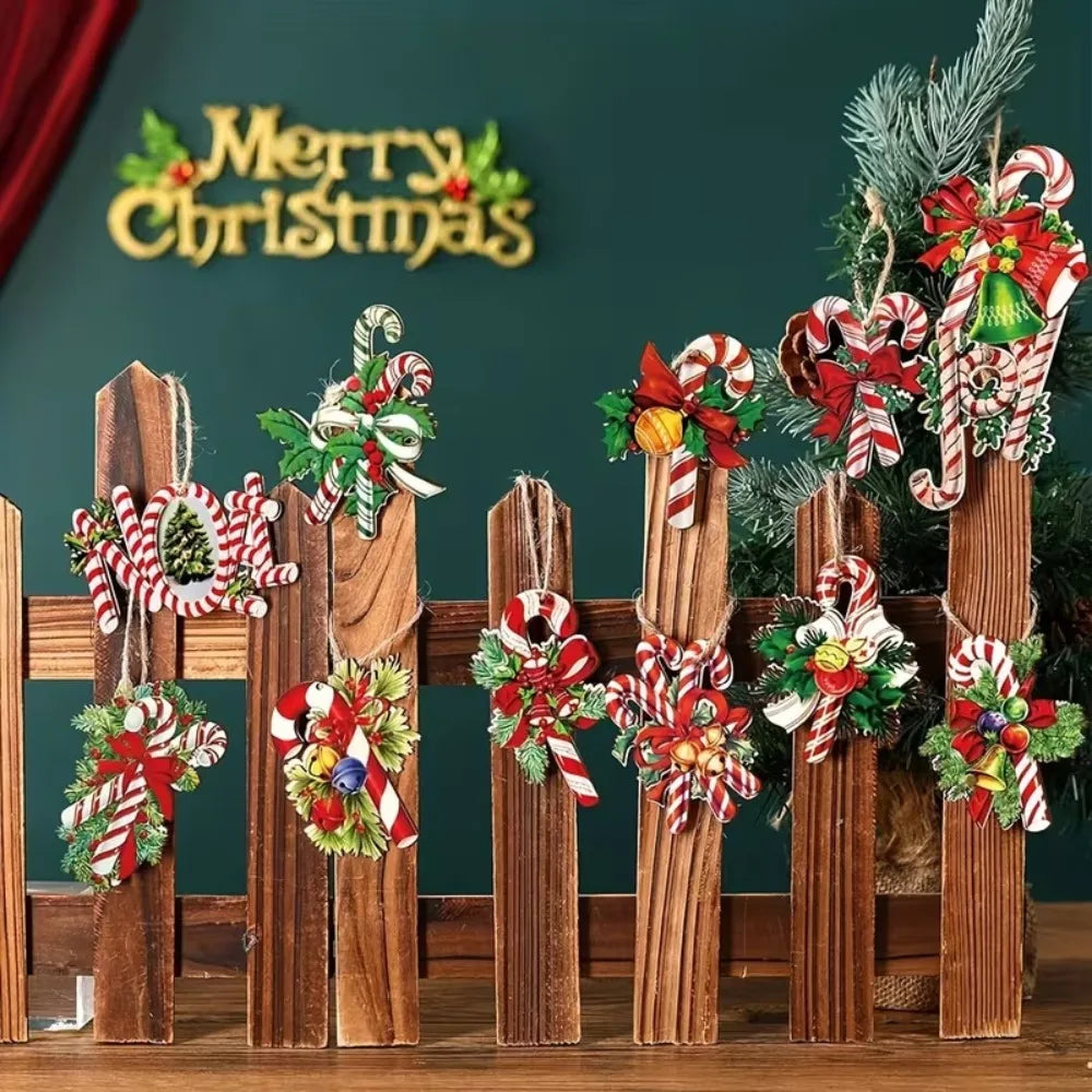 Wooden Christmas Tree Ornaments Cute Candy Cane Bow Bells Hanging Qme