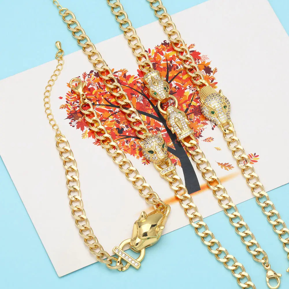 New Hot Punk Hip Hop Personality Leopard Head Bracelet Men and Women Cool Zircon Gold Plated Cuban Chain Wholesale Qme