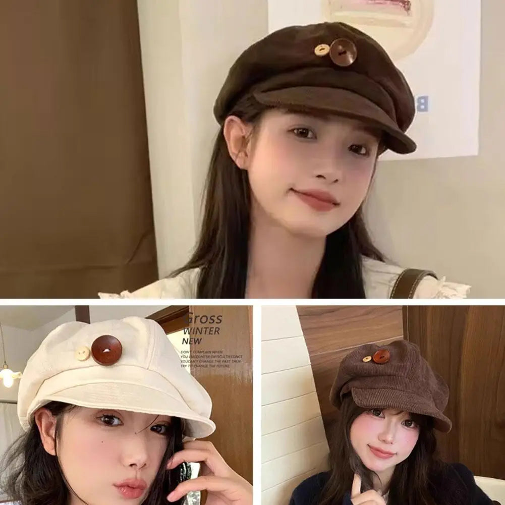 Retro Button Corduroy Octagonal Cap For Women Painter Artist Hat Japanese Girls Brown Peaked Caps Autumn Winter Berets Qme