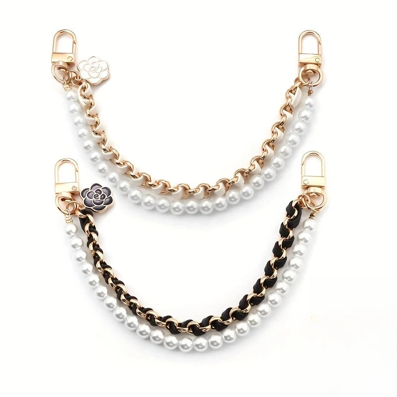 Pearl Purse Extender Chain Bag Imitation Pearl Short Handle Replacement Bag Chain Strap for Handbags Decoration Qme Black and White 2pcs