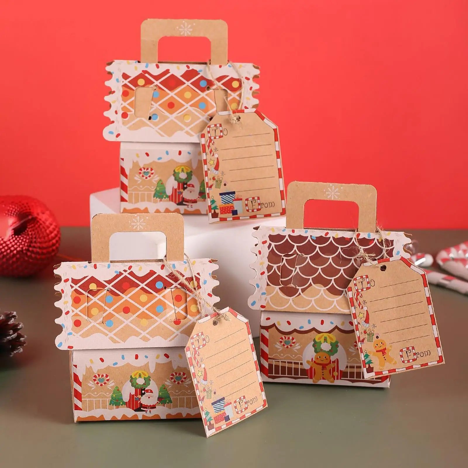 Christmas Candy Boxes 50 Pieces House Shape Dessert Container Holiday Bakery Box For Candy Chocolate Party Supplies Holiday Qme