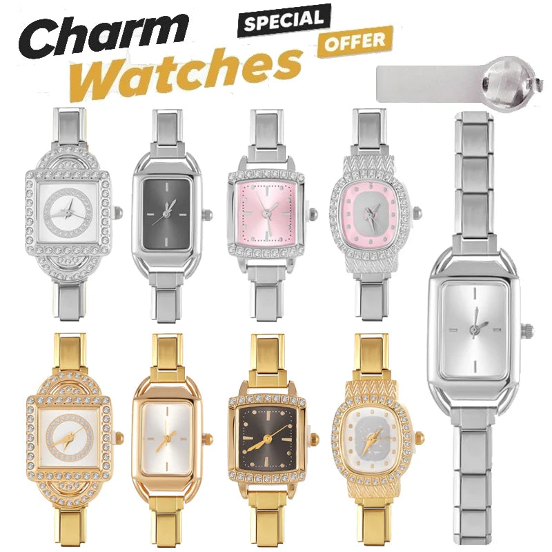 Fashion Colorful Dial Square Stainless Steel Women Zircon Series Watch Head Fit 9mm Bracelet For Party Friend Wife Jewelry Gifts Qme