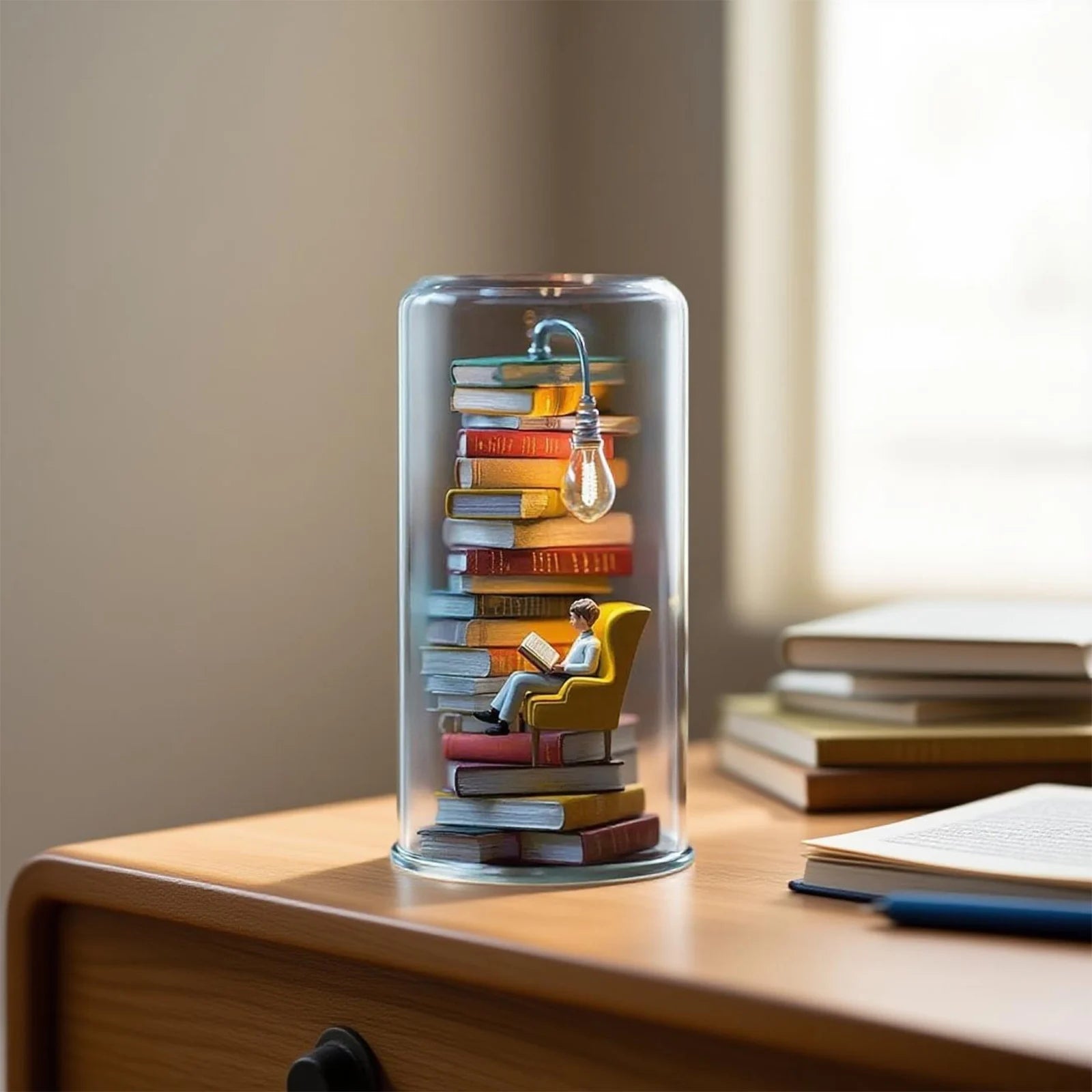 Mini Reading Figurine Lamp with Transparent Cover Tiny Bookshelf Library Statue Light for Desk Ornament Birthday Valentine Gift Qme
